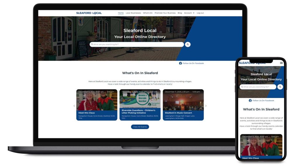 homepage design for Sleaford Local displayed on mobile and laptop